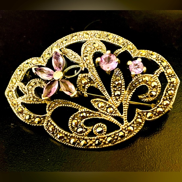 Vintage Jewelry - Vintage Sterling Silver Marcasite Amethyst Floral Pin Brooch